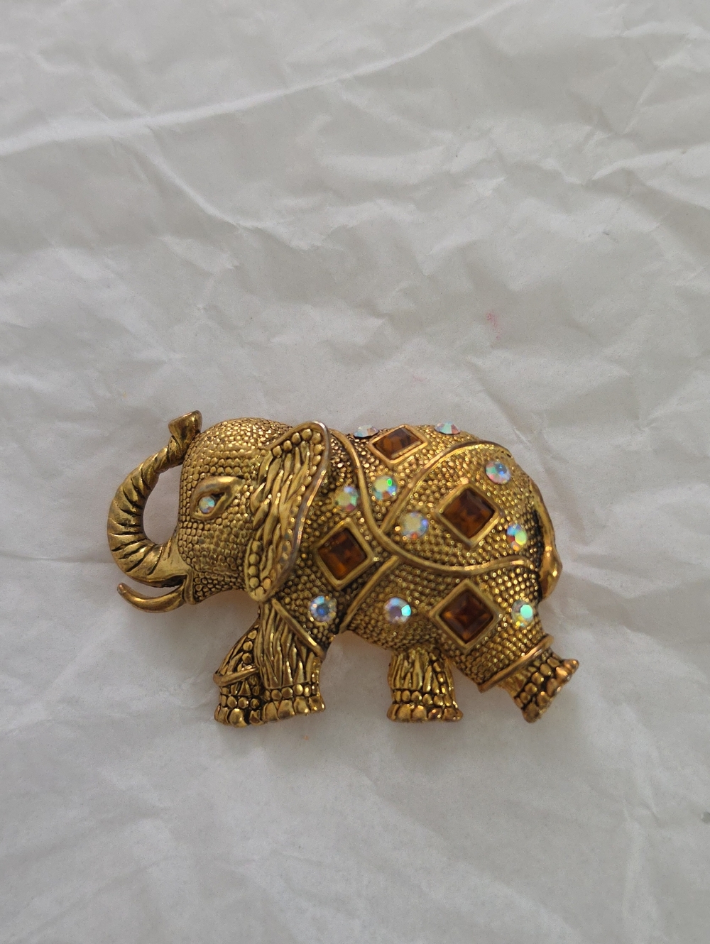 Gold Elephant Brooch with Amber and Aurora Rhinestones